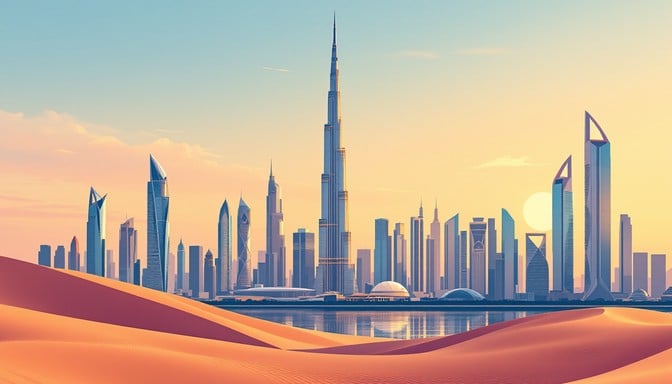 Stylized Dubai skyline rising from desert dunes at sunset